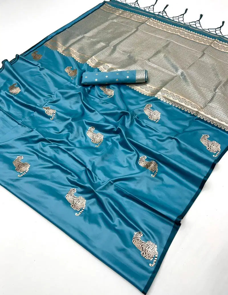 Tigress Blue Satin Silk Saree