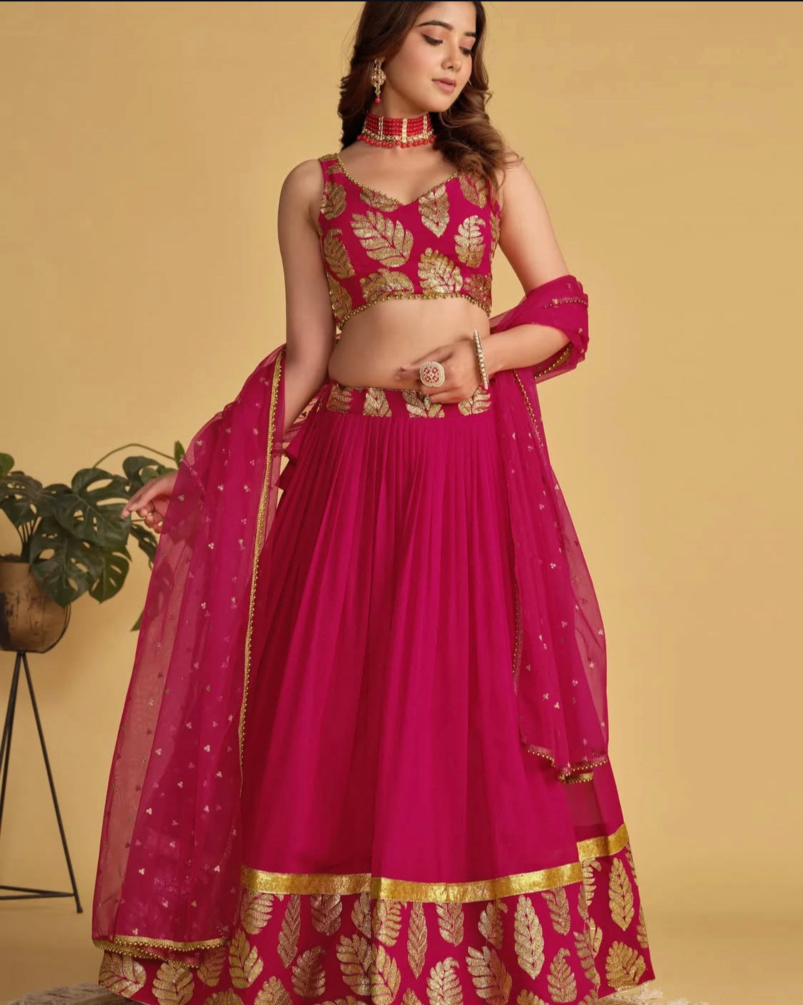 Matrut | Amber Blaze Leaf Red Lehenga