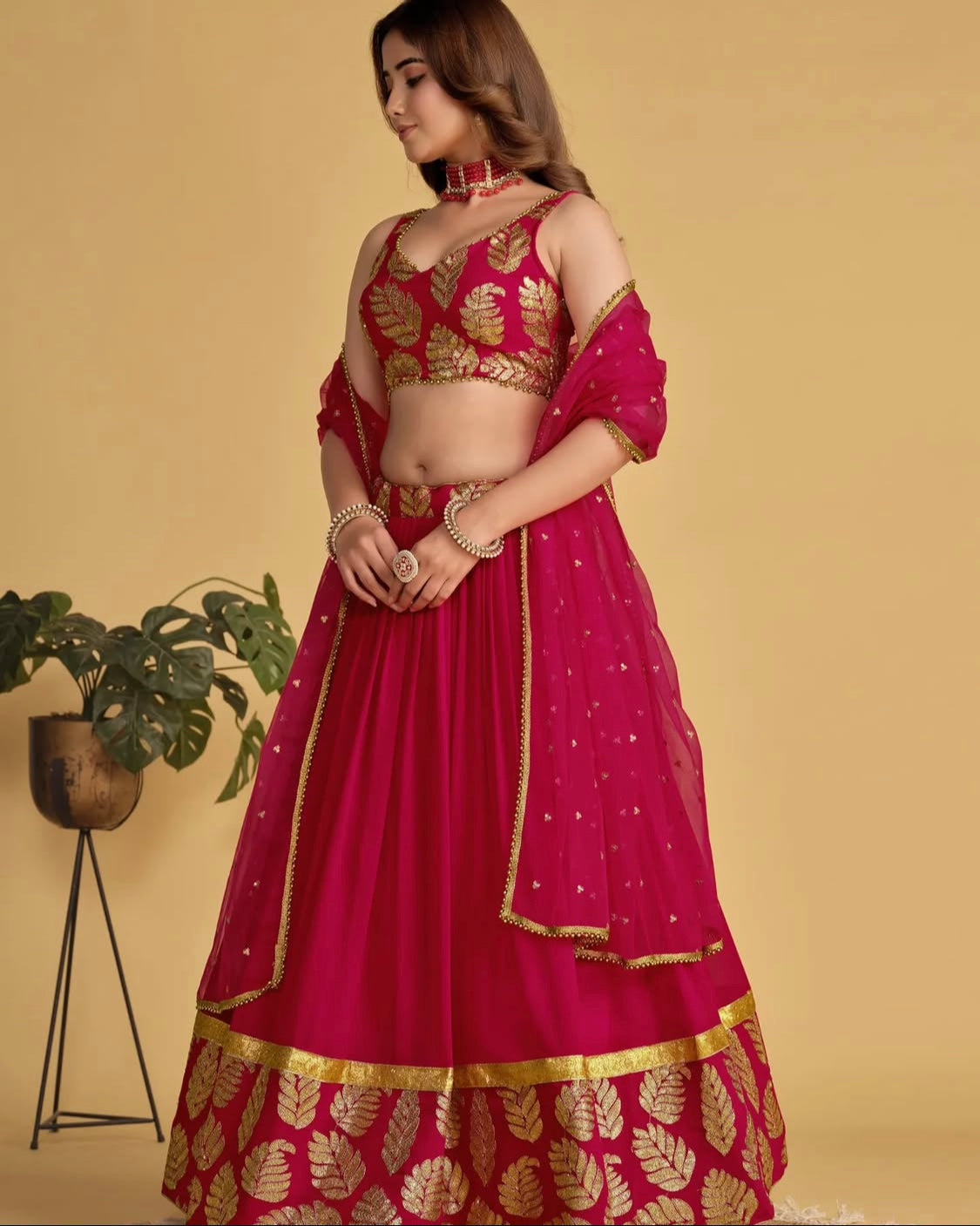 Matrut | Amber Blaze Leaf Red Lehenga