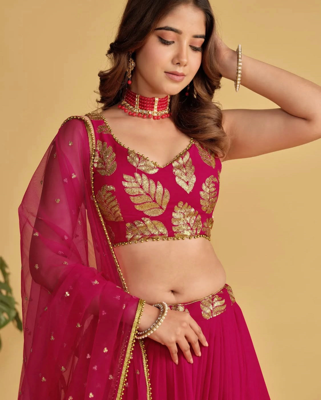 Matrut | Amber Blaze Leaf Red Lehenga