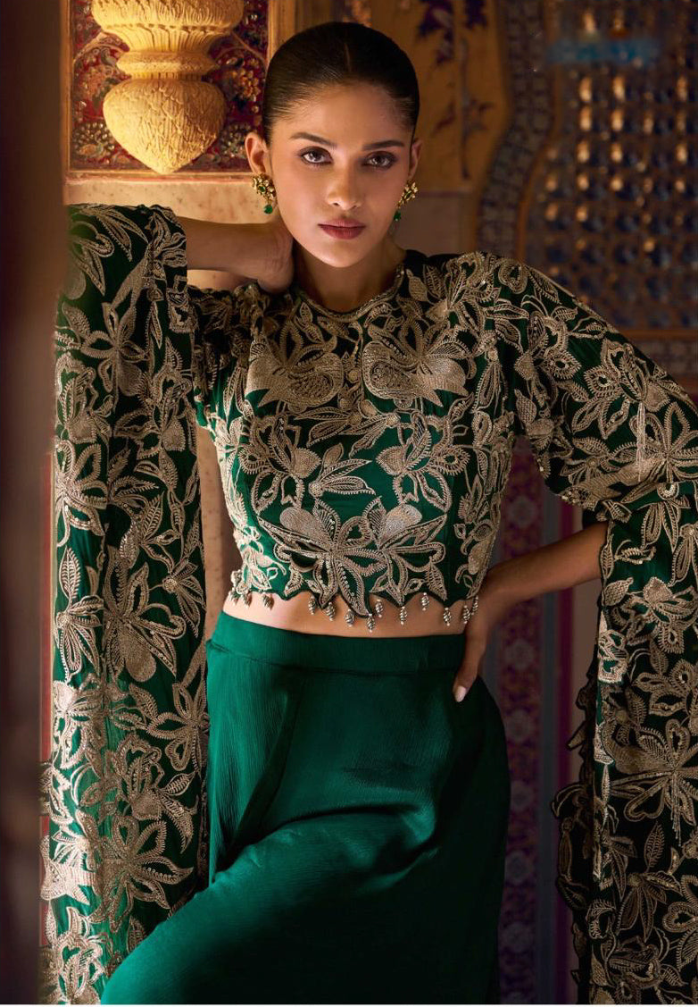 On rent - FULL SET | Jewel of the East Dark Green Palazzo Set
