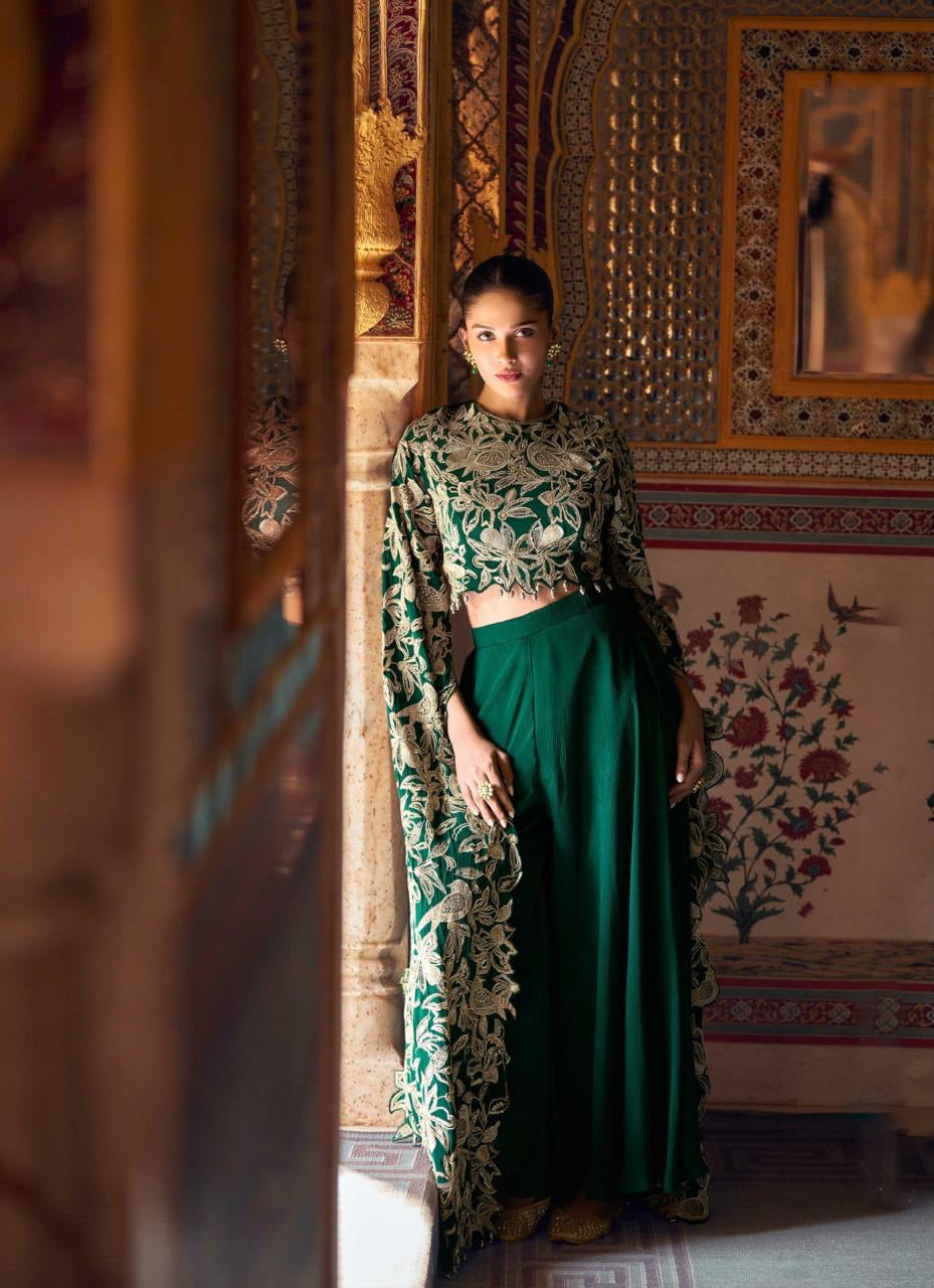 On rent - FULL SET | Jewel of the East Dark Green Palazzo Set