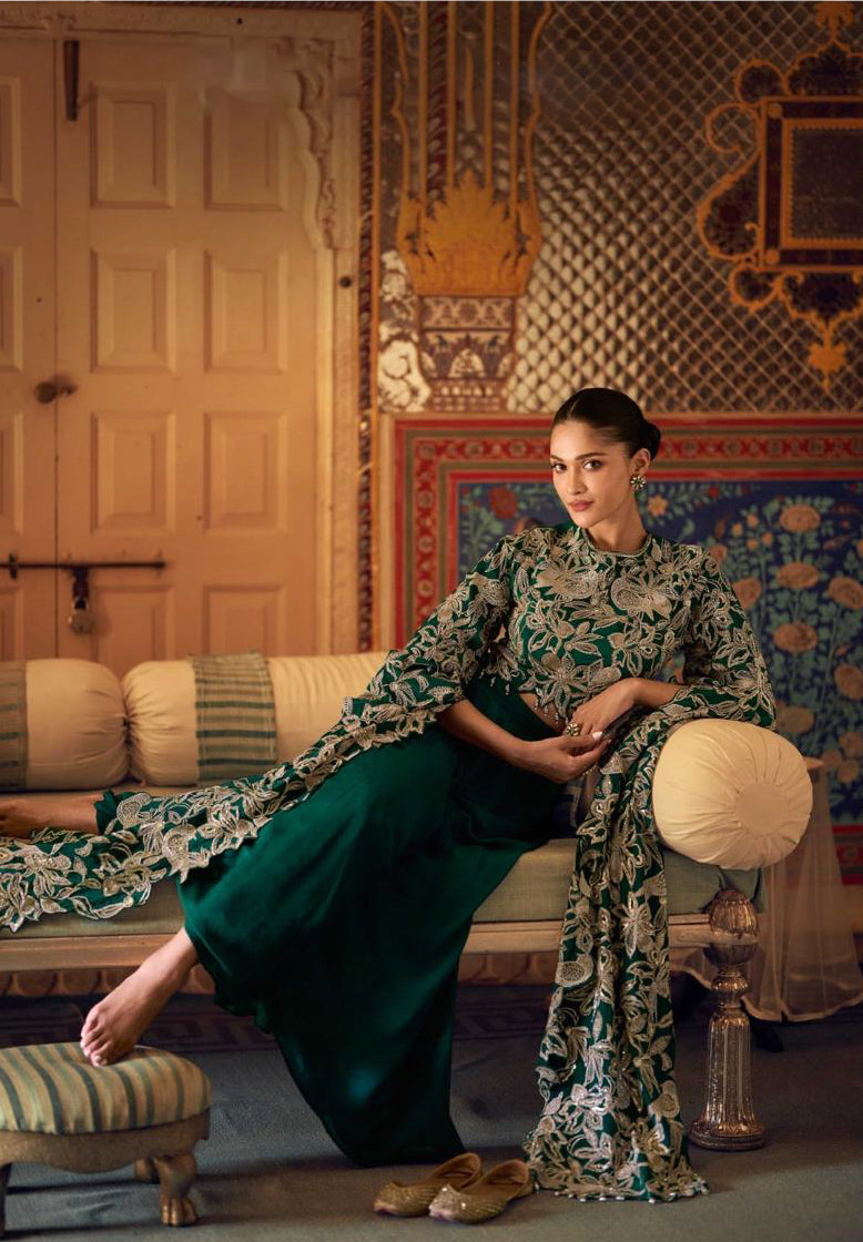 On rent - FULL SET | Jewel of the East Dark Green Palazzo Set