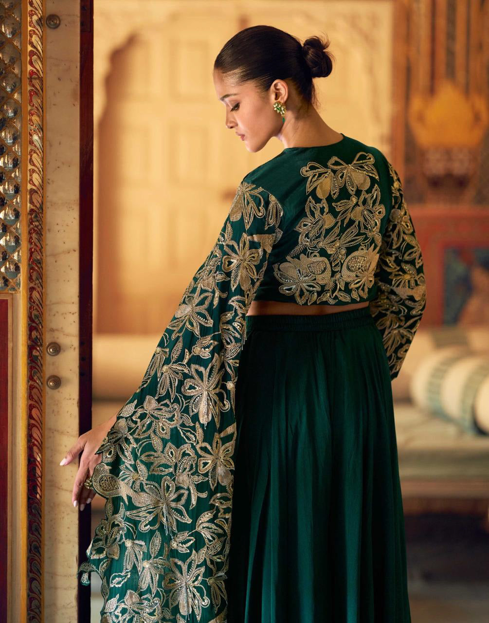 On rent - FULL SET | Jewel of the East Dark Green Palazzo Set