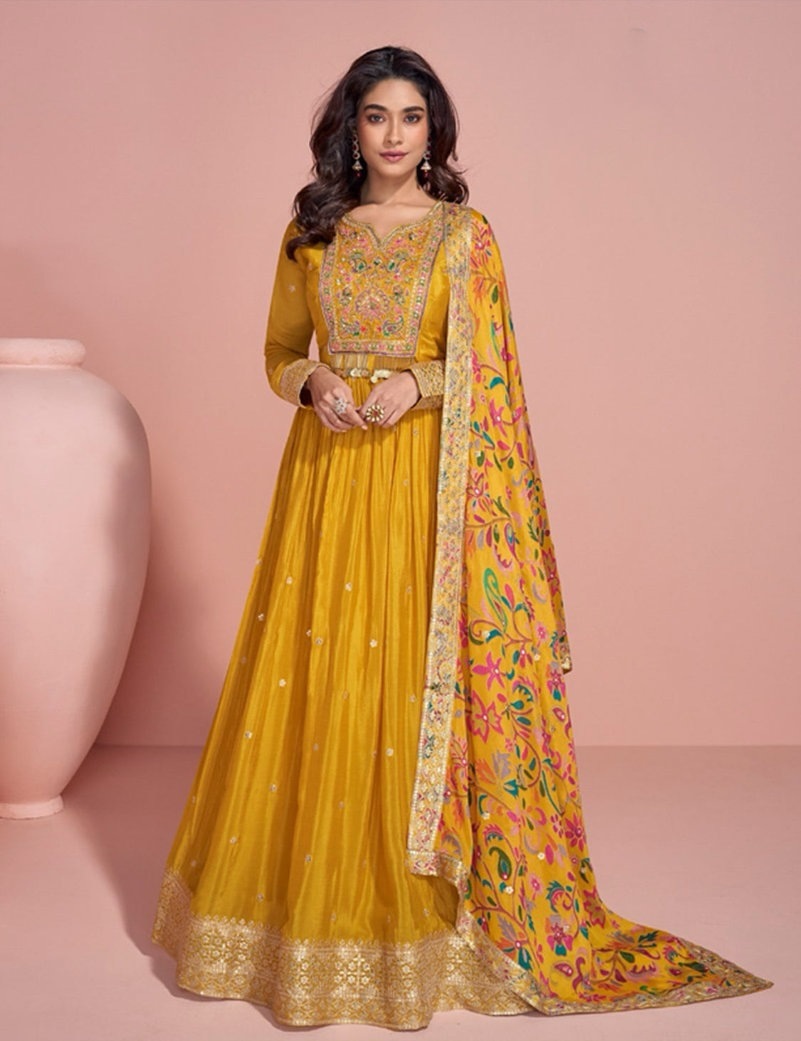 On rent - FULL SET | Mango Masti Yellow Floral Gown