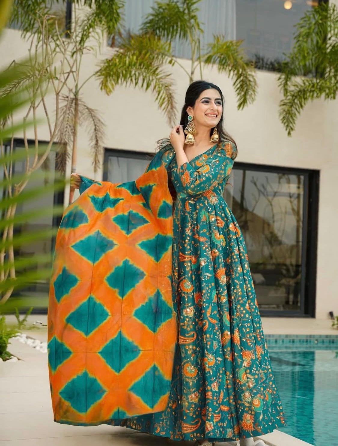 Gulnoor Teal Blue Anarakali Gown