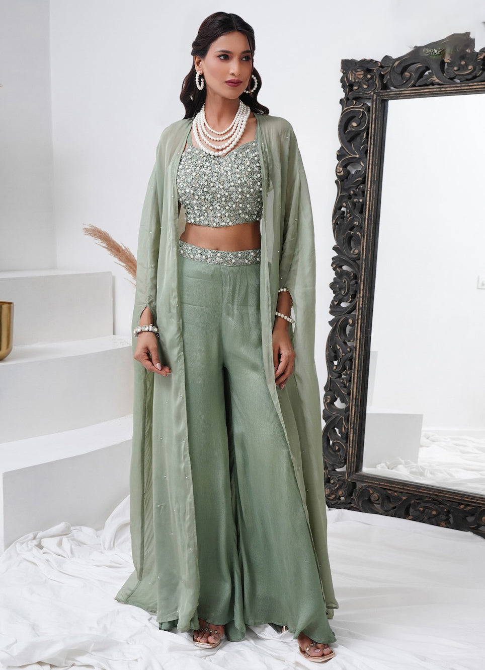 Matrut | Dewdrop Delight Green Palazzo Set