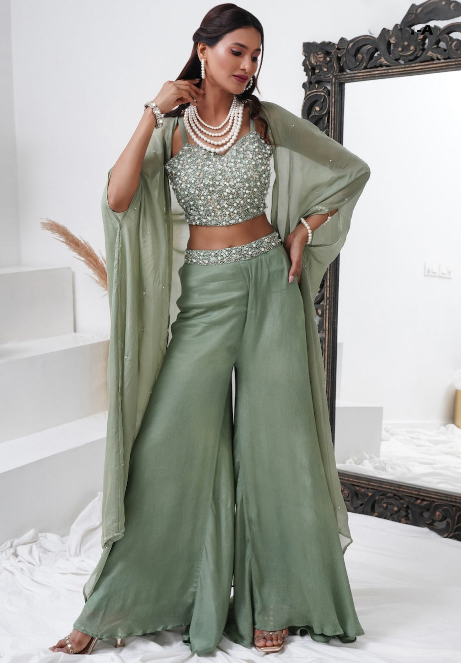 Matrut | Dewdrop Delight Green Palazzo Set