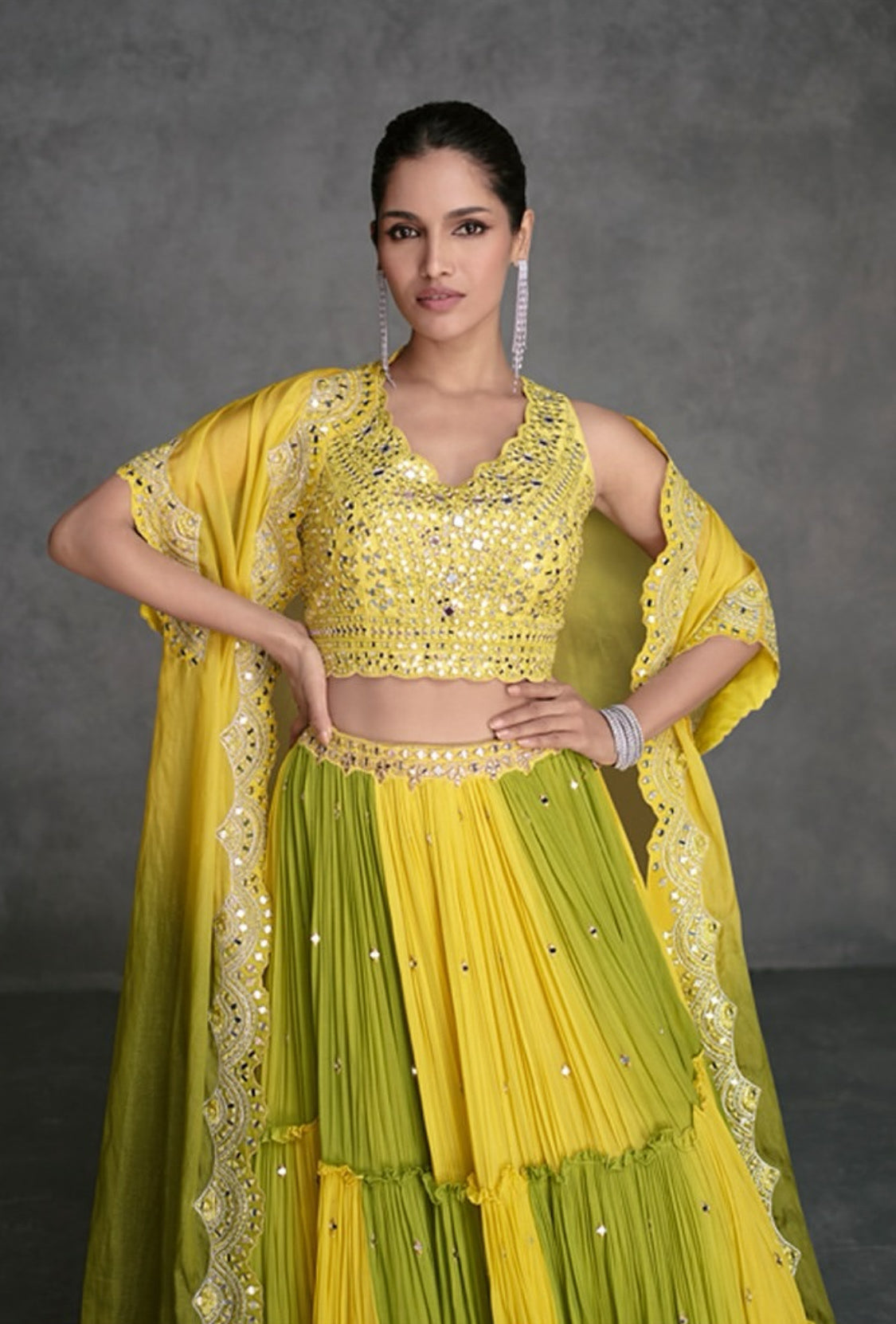On rent - FULL SET | Mehendi Fusion Flair Green-Yellow Trio Set