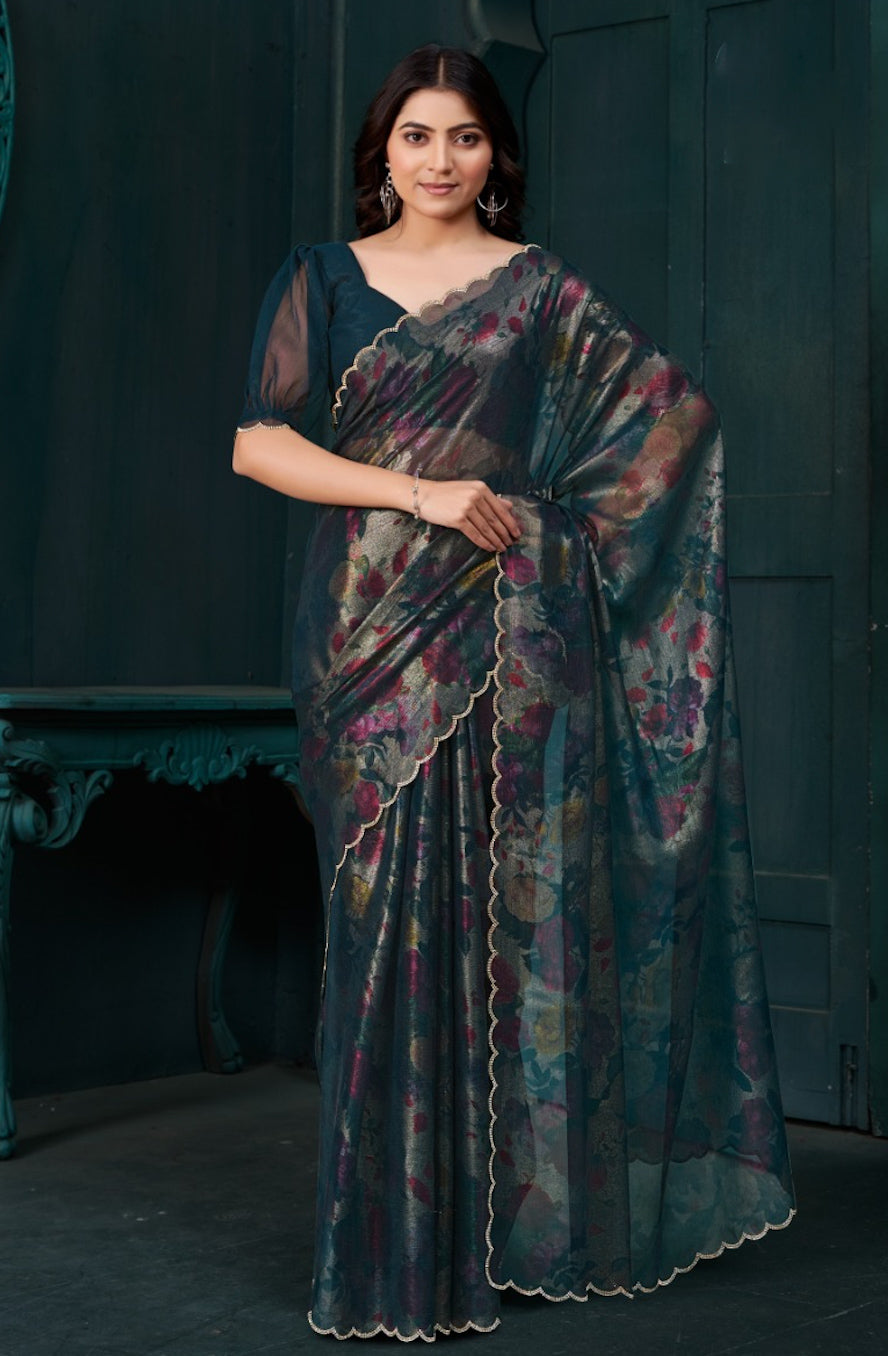Matrut | Two Tone Floral Navy Blue Saree