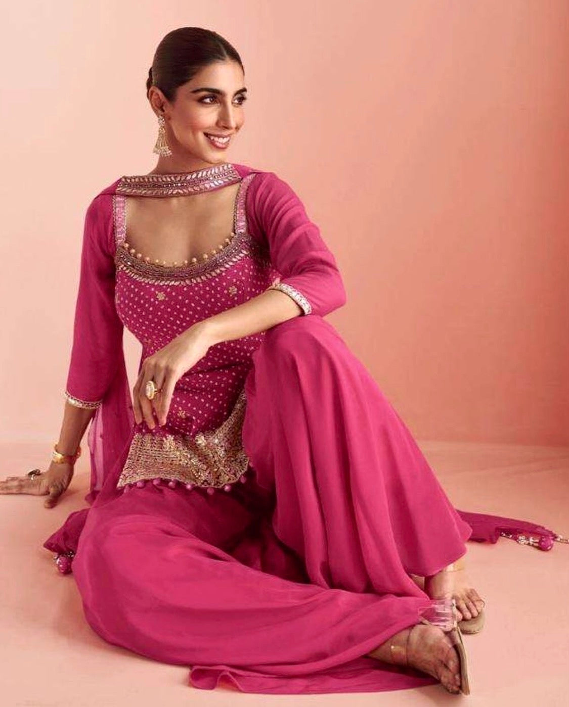 Badhai Pink Short Sharara Suit