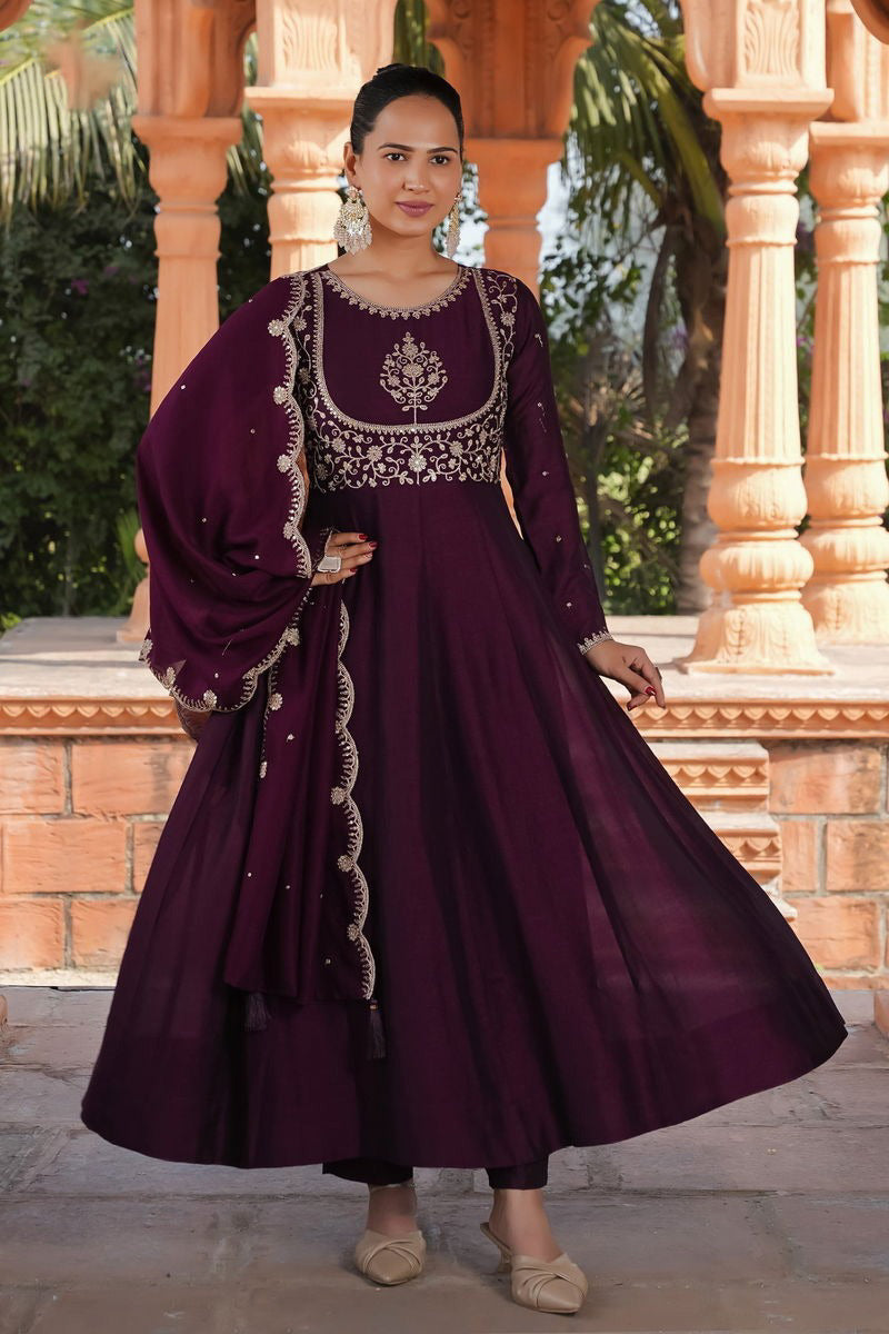 Matrut | Phoolkari Wine Anarkali Suit