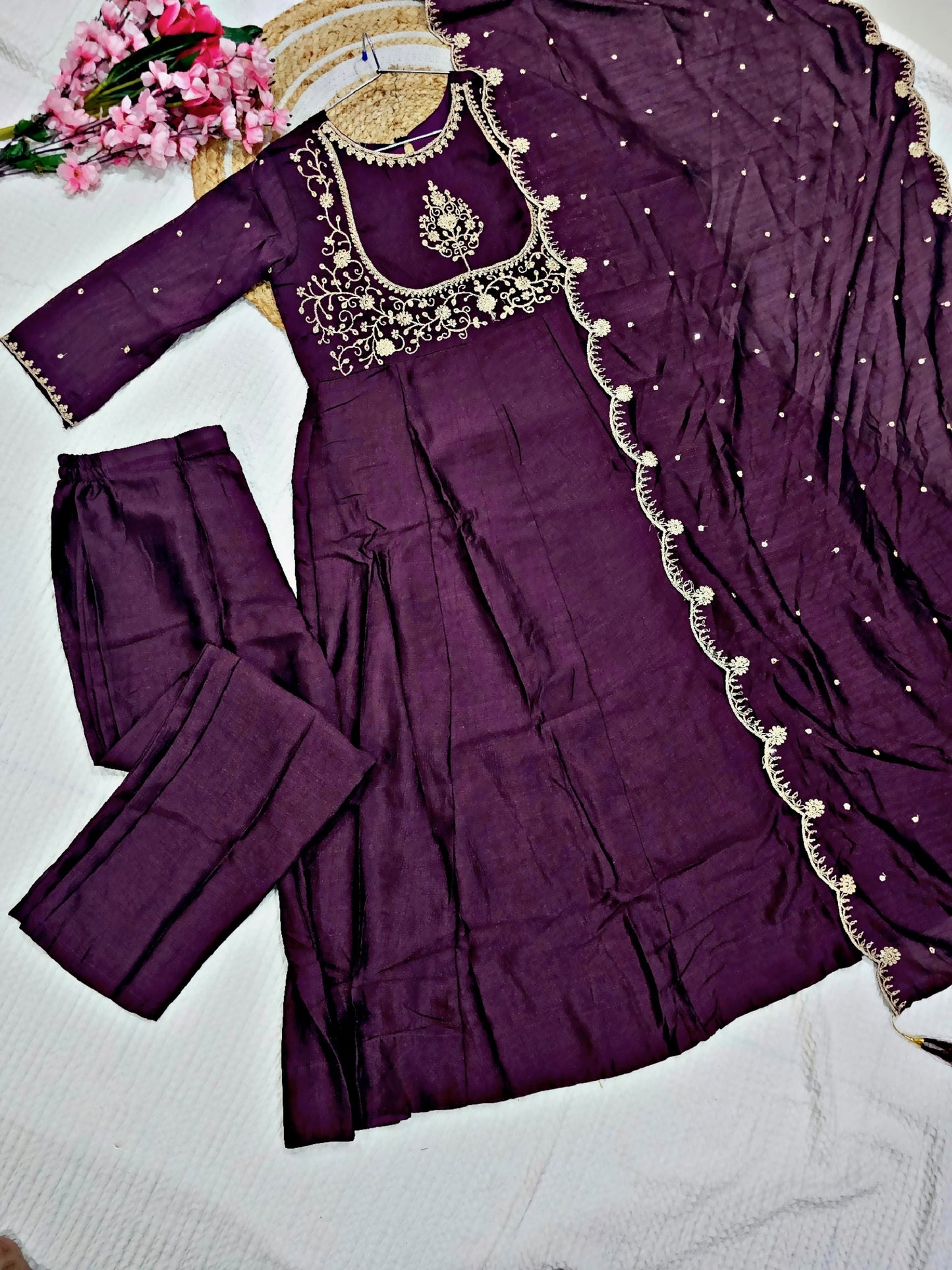 Matrut | Phoolkari Wine Anarkali Suit