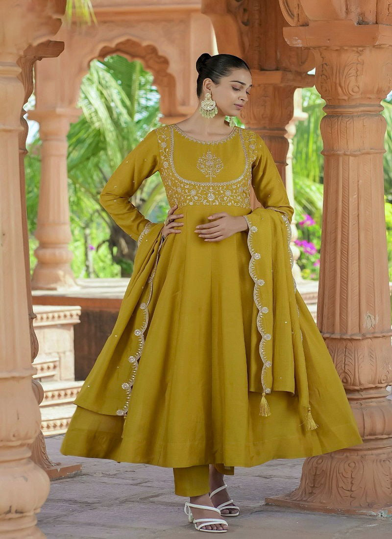 Matrut | Phoolkari Mustard Anarkali Suit