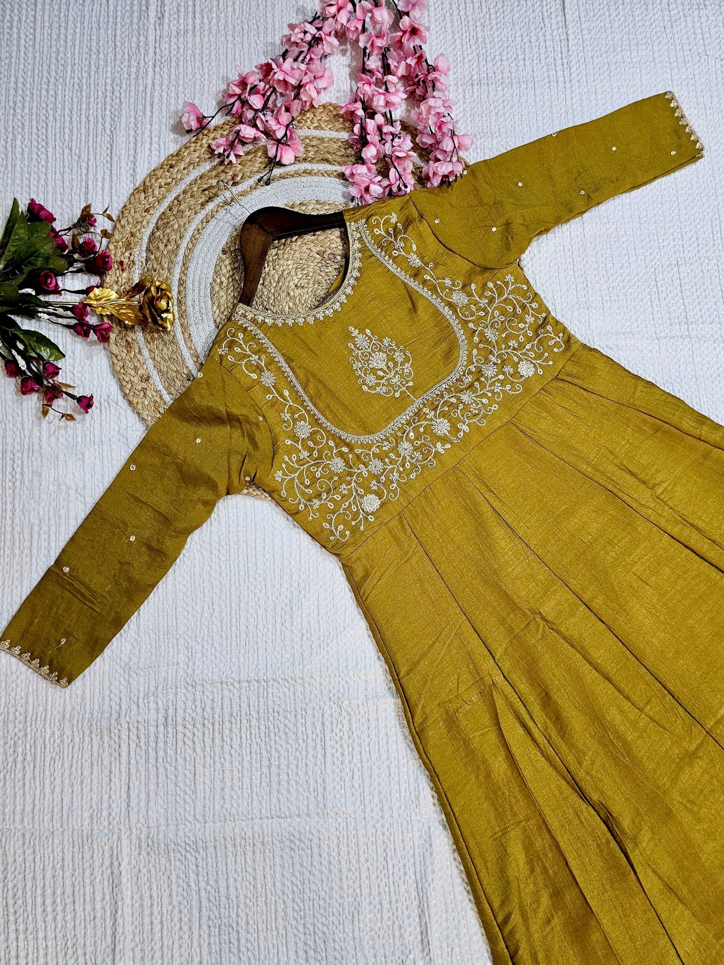 Matrut | Phoolkari Mustard Anarkali Suit