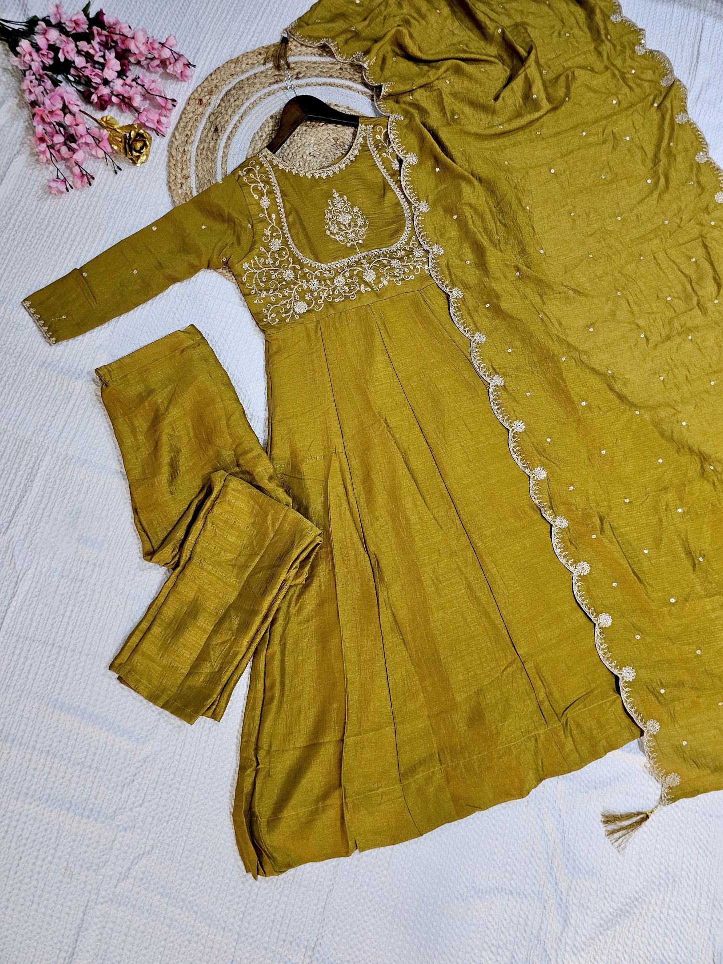 Matrut | Phoolkari Mustard Anarkali Suit