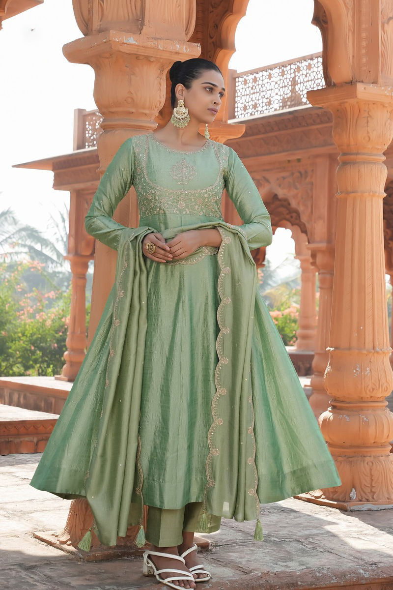 Matrut | Phoolkari Pista Green Anarkali Suit