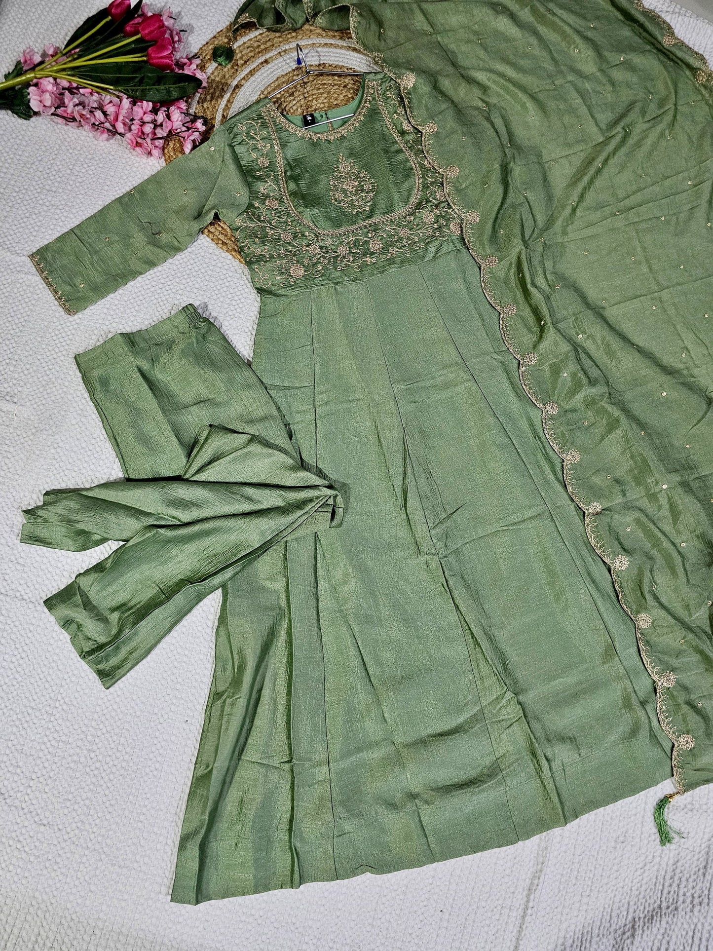 Matrut | Phoolkari Pista Green Anarkali Suit