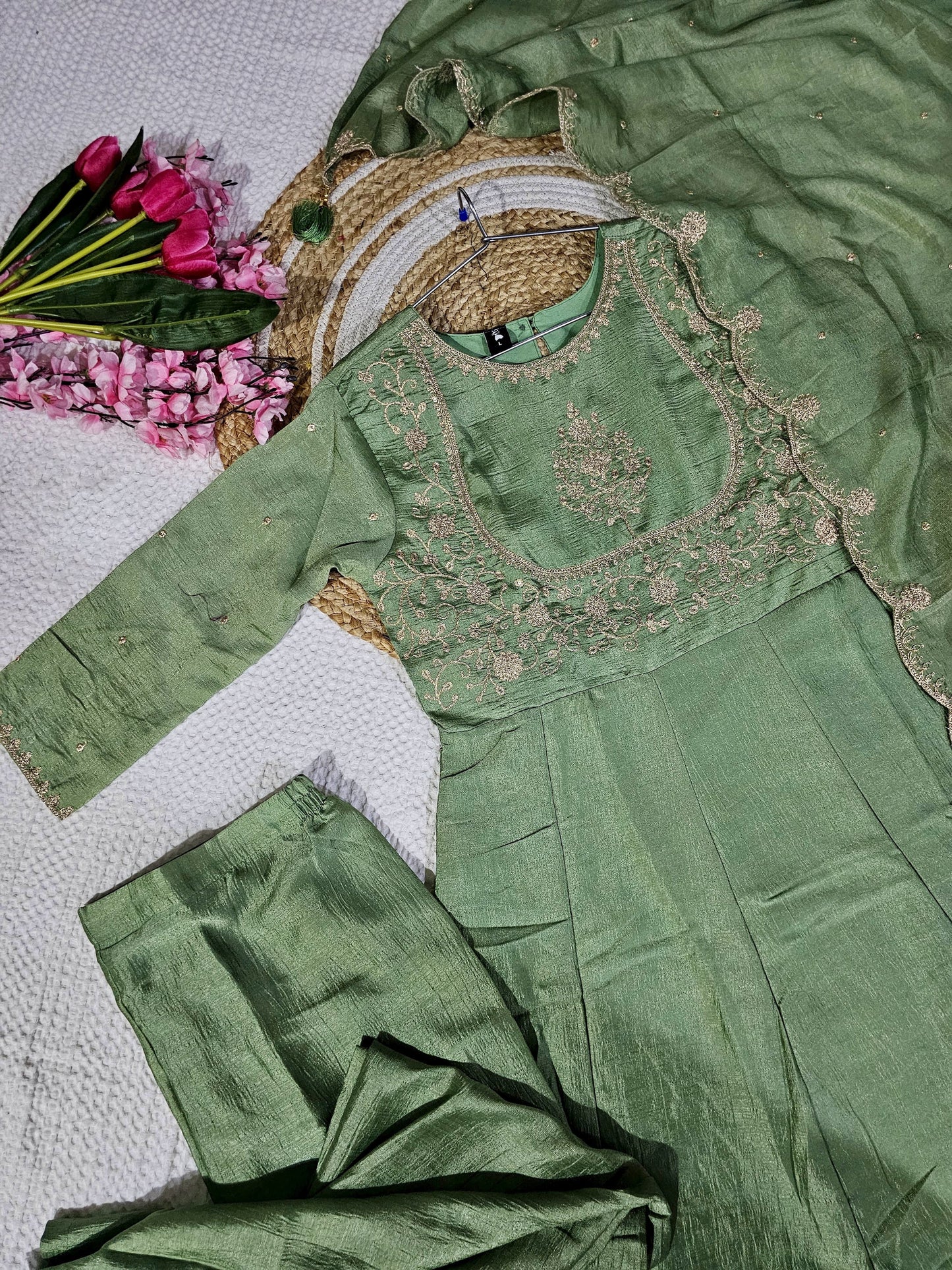 Matrut | Phoolkari Pista Green Anarkali Suit