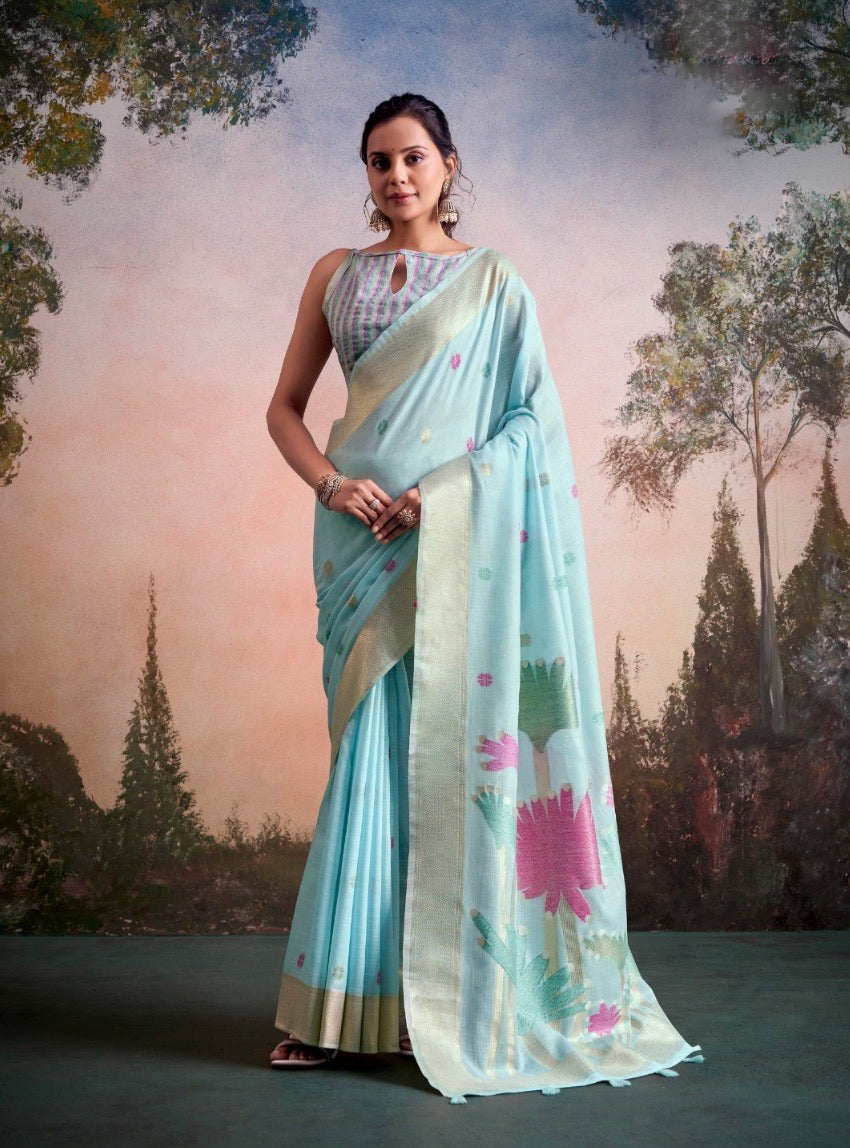 Soloni Blue Linen Silk Saree