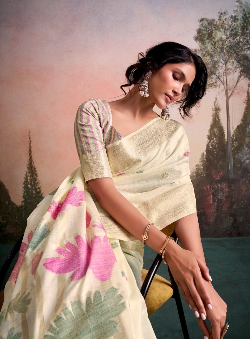 Soloni Off-white Linen Silk Saree