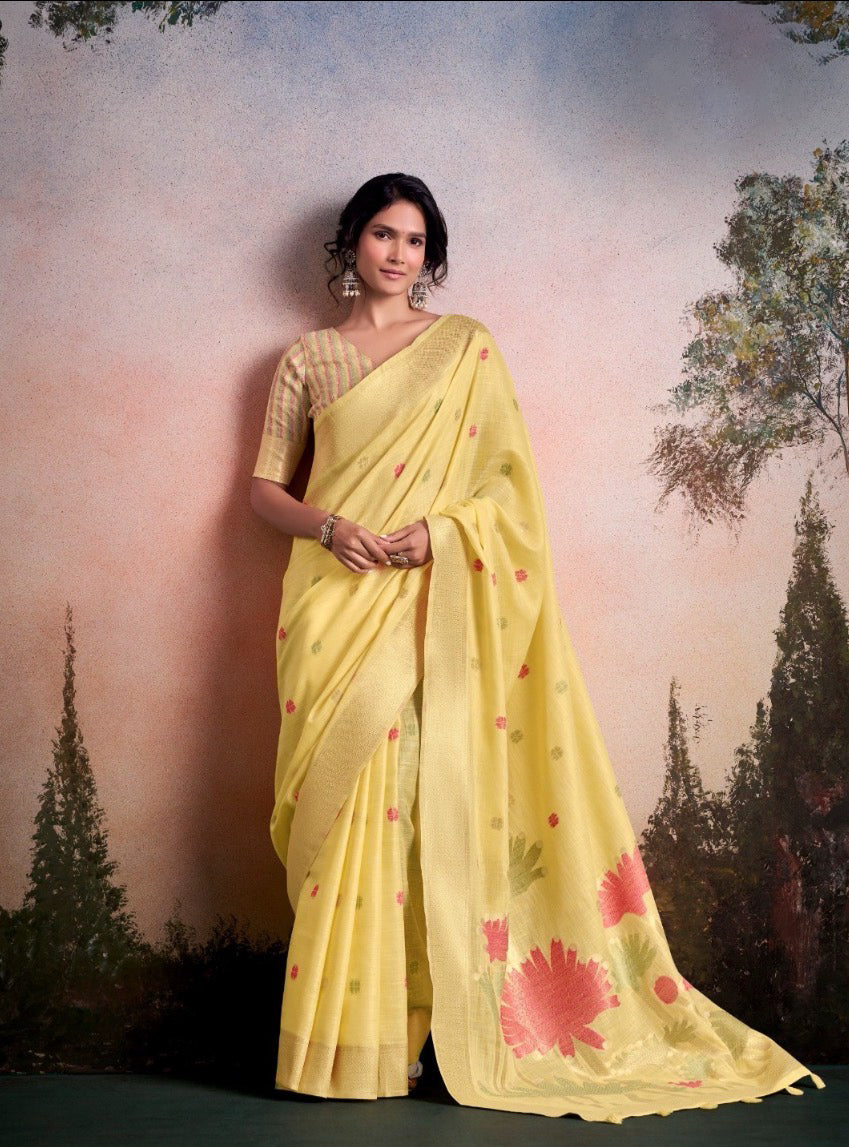 Soloni Yellow Linen Silk Saree