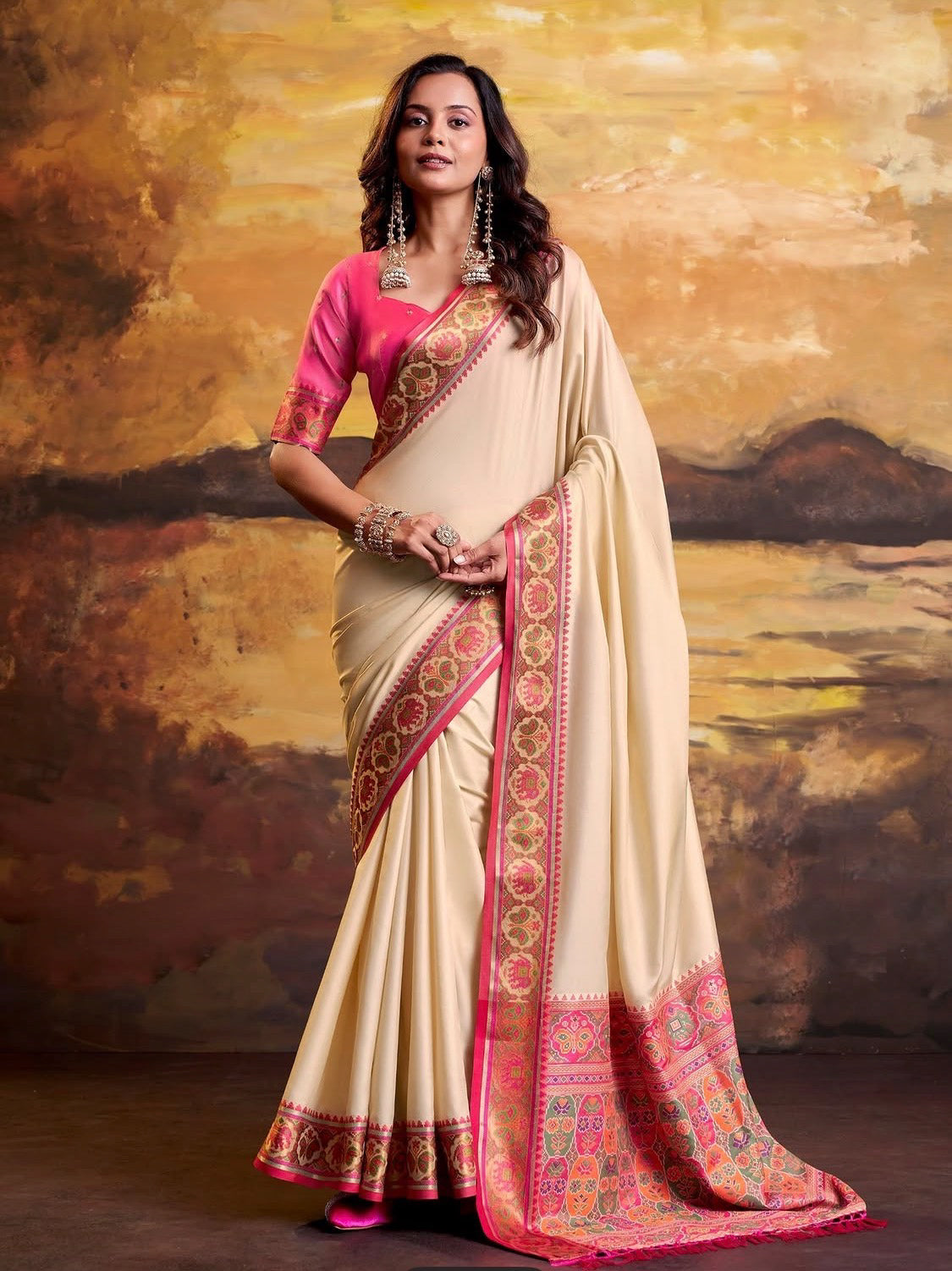 Vrinda Cream Patola Silk Saree