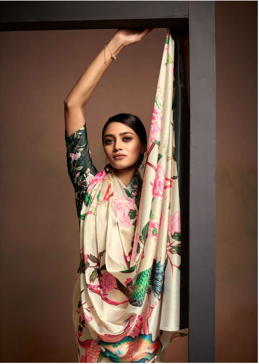 Vogueway Ivory Satin Crepe Saree