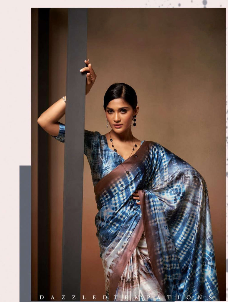 Magnet Blue Satin Crepe Saree