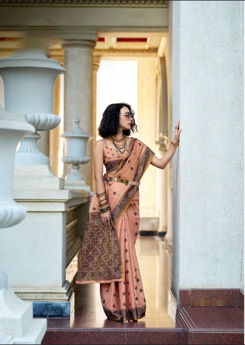 Vritti Peach Modal Satin Saree