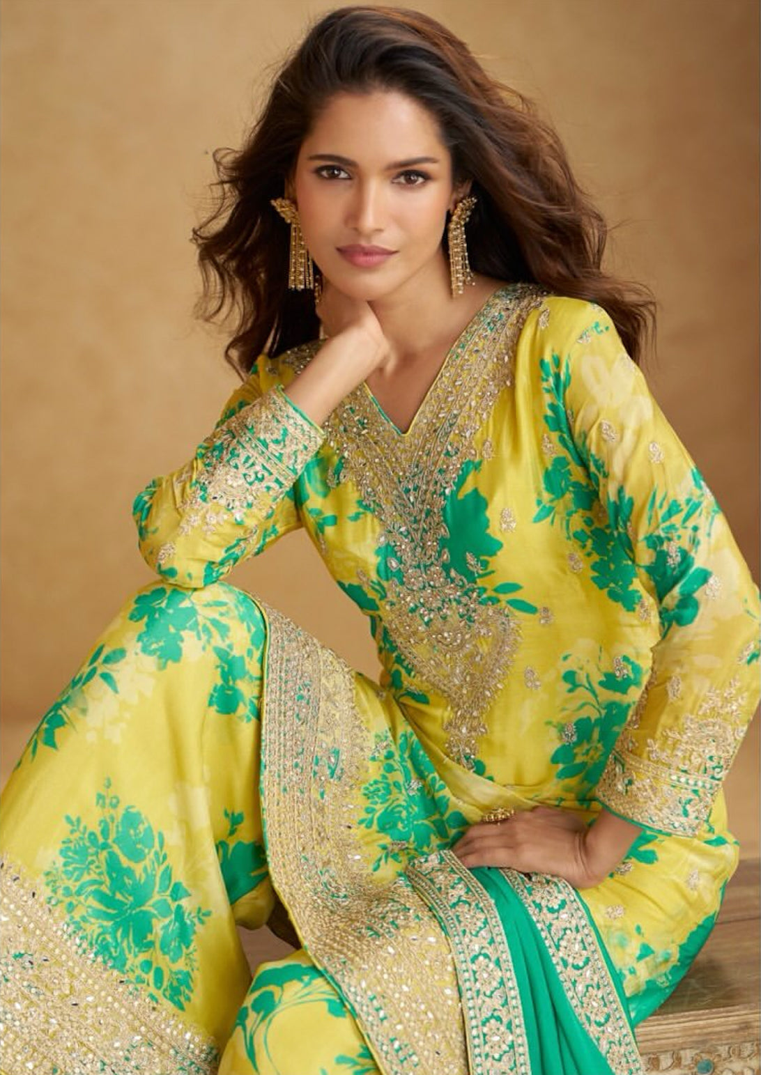 Matrut | Sofiya Yellow-Firozi Palazzo Suit