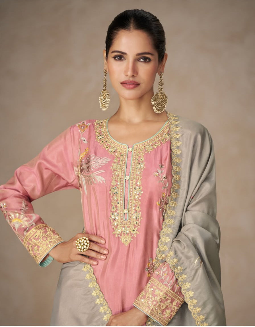 Matrut | Radhya Pink-Grey Palazzo Suit
