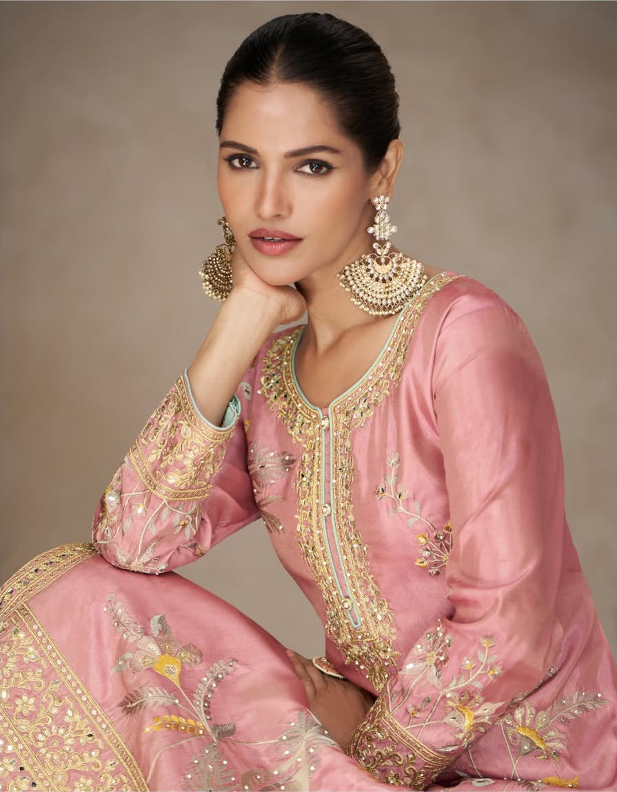 Matrut | Radhya Pink-Grey Palazzo Suit