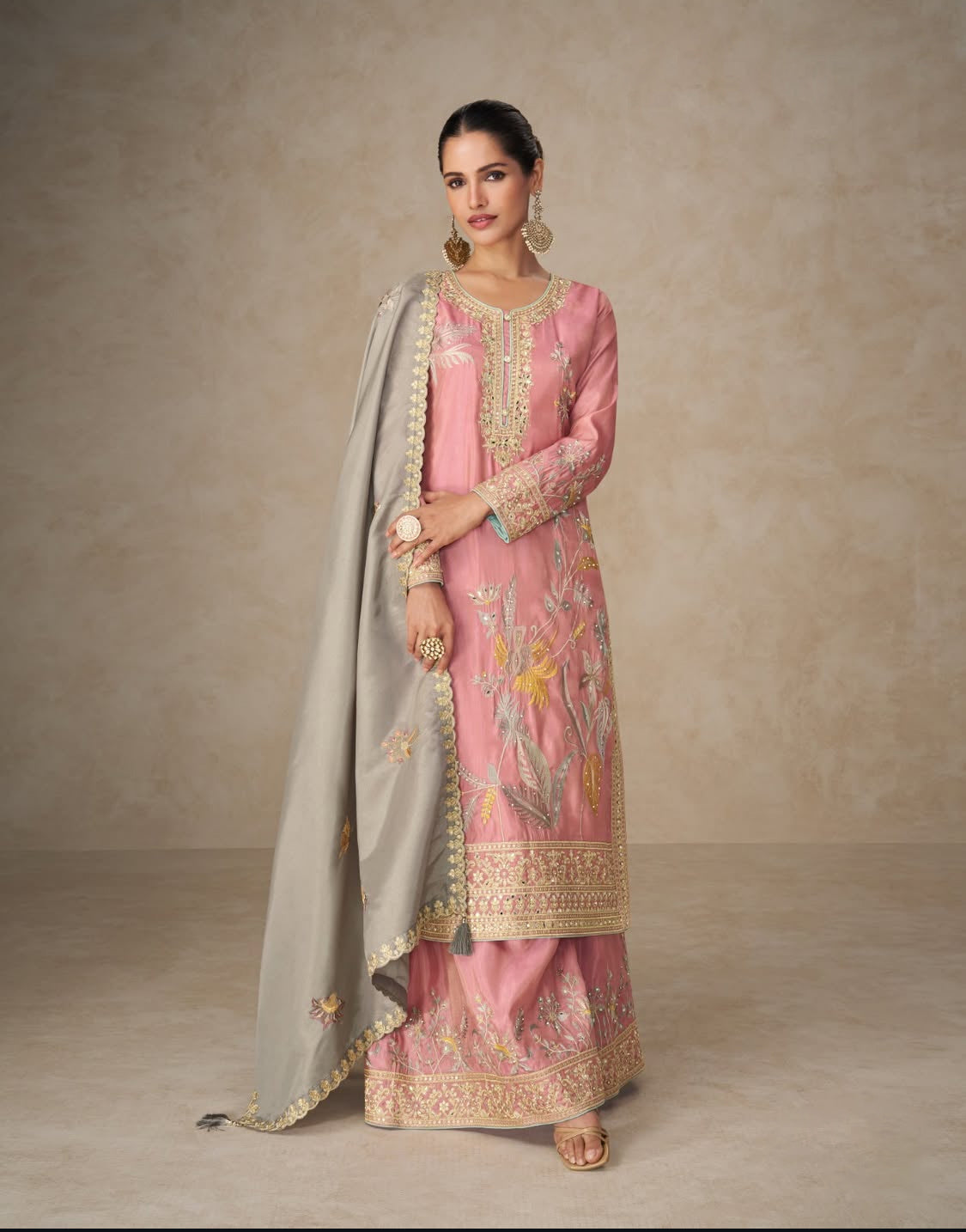 Matrut | Radhya Pink-Grey Palazzo Suit