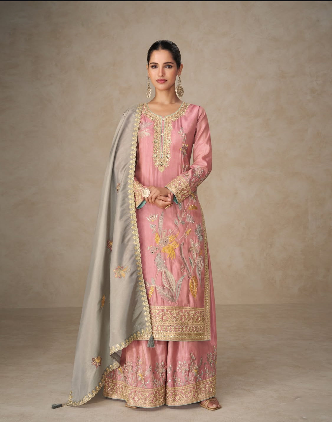 Matrut | Radhya Pink-Grey Palazzo Suit