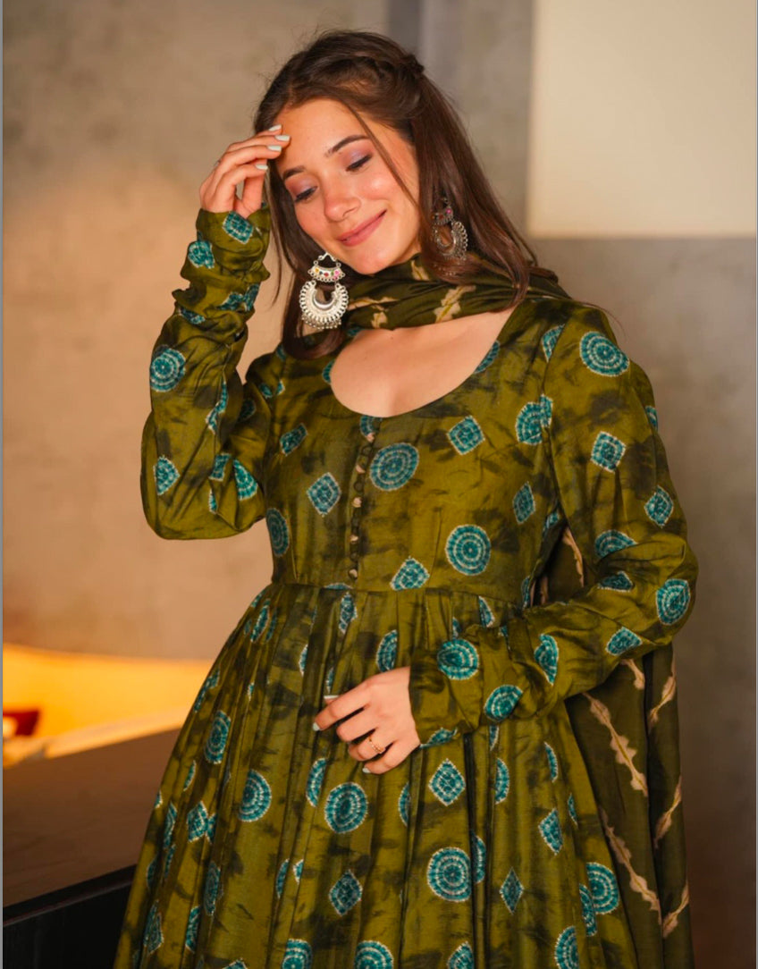 Matrut | Mithi Olive Green Anarkali Suit