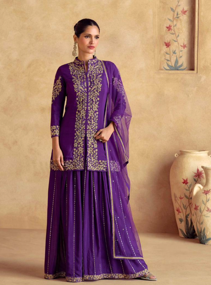On rent - FULL SET | Blanc Aura Purple Sharara Suit