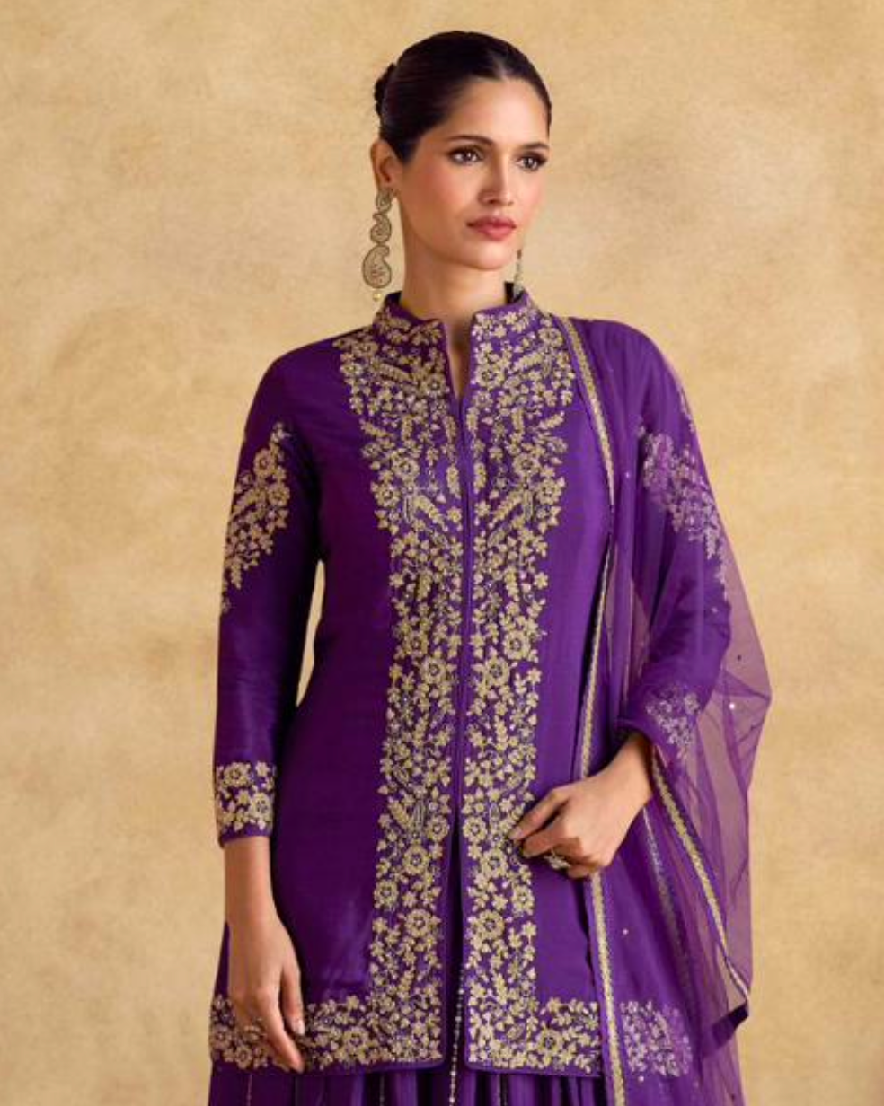 On rent - FULL SET | Blanc Aura Purple Sharara Suit