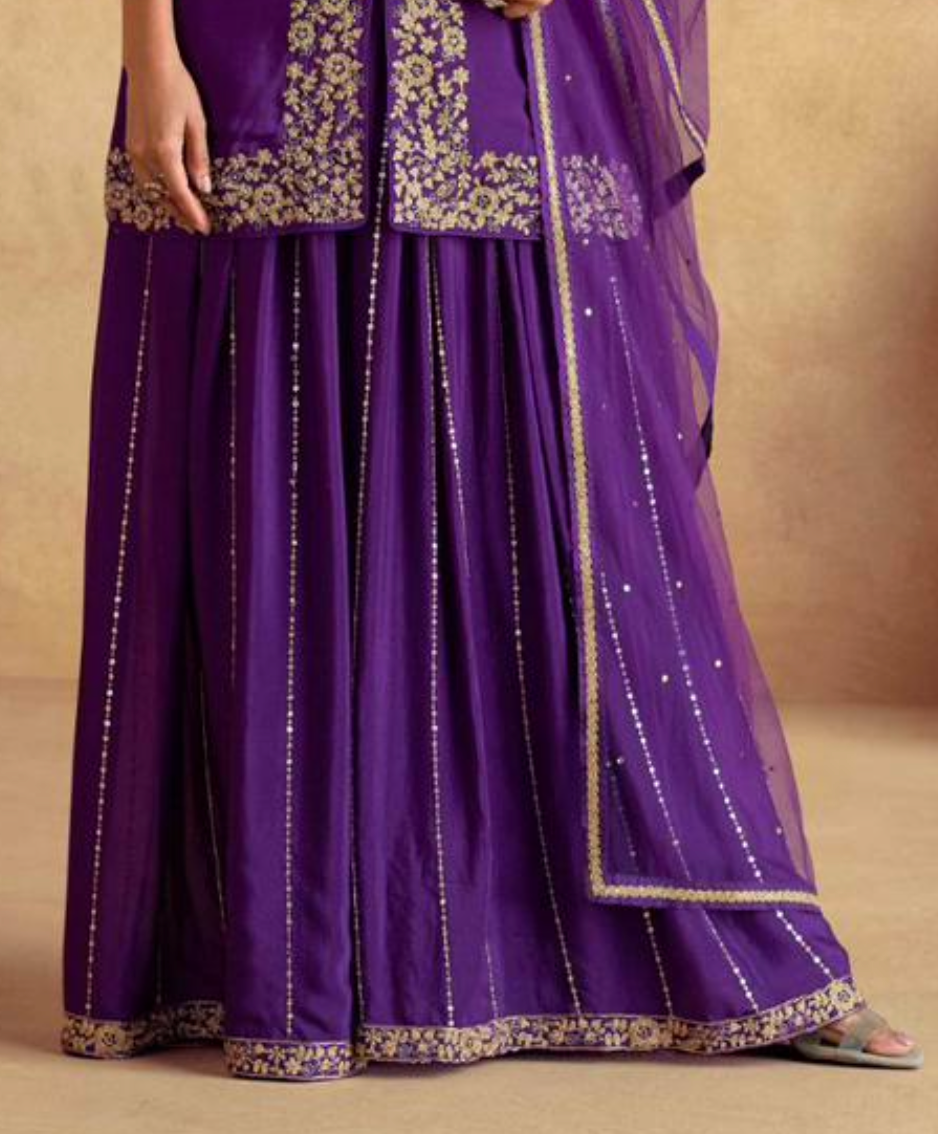 On rent - FULL SET | Blanc Aura Purple Sharara Suit