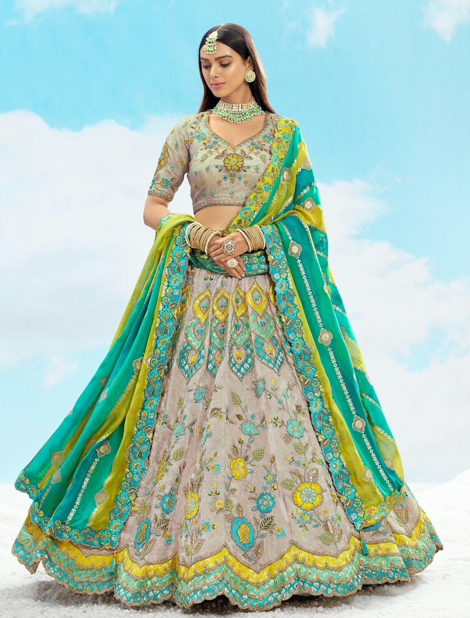 Matrut | Mithaas Grey Green Lehenga Set
