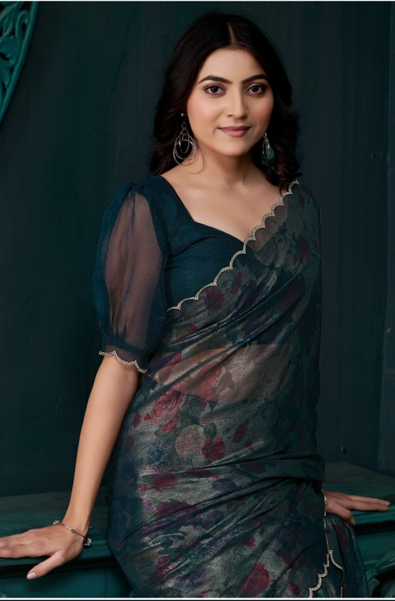 Matrut | Two Tone Floral Navy Blue Saree