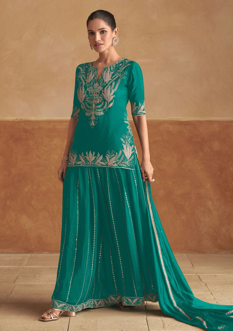 Matrut | Geet Turquoise Blue Short Sharara Suit