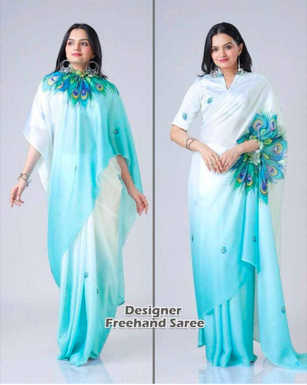 Matrut | Bubbly Peacock Blue Freehand Saree