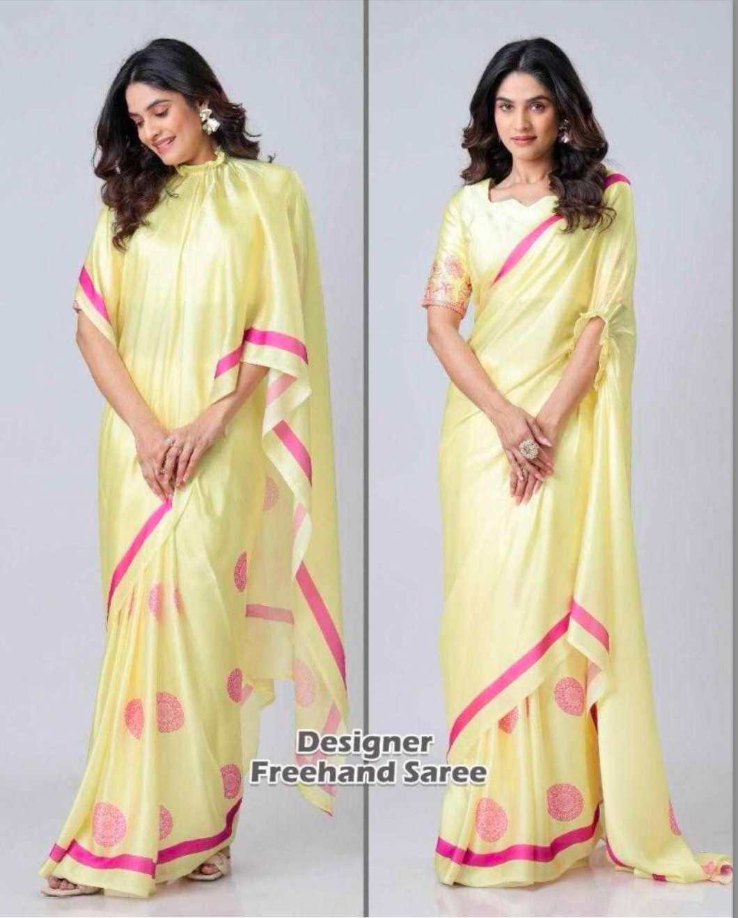 Matrut | Bubbly Light Yellow Freehand Saree