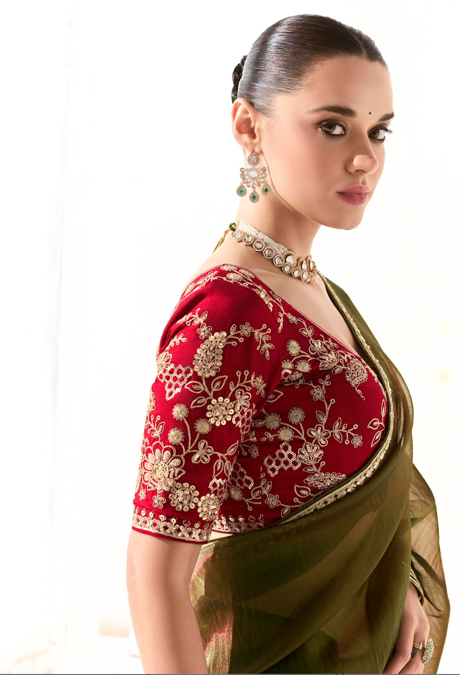 Matrut | Cherry Chant Olive Green Saree