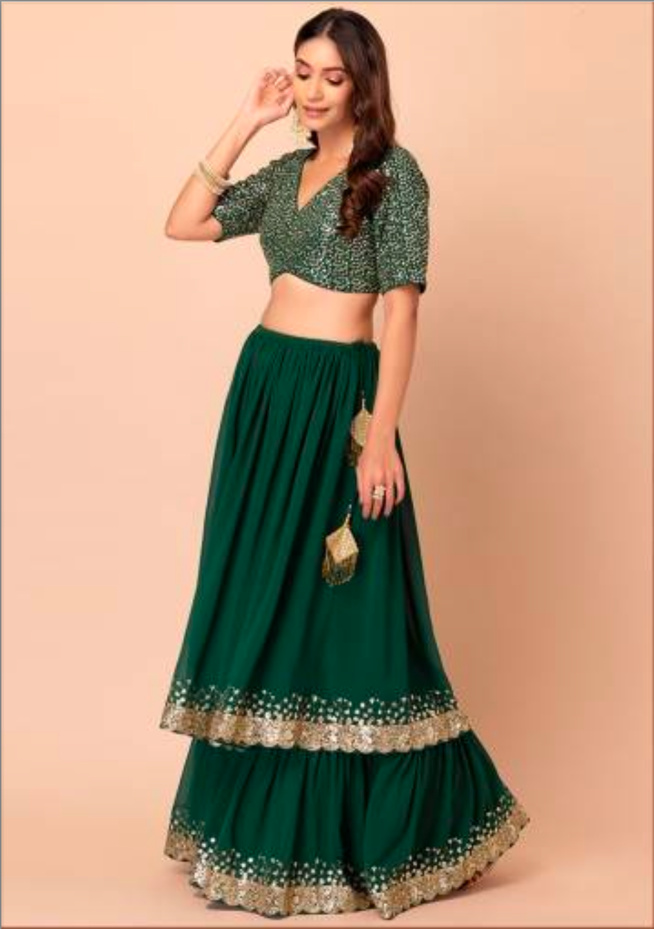 On rent - FULL SET | Sunehri Green Lehenga Set