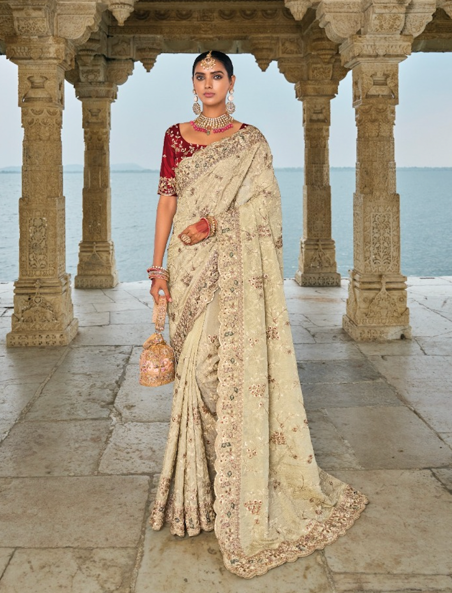 Matrut | Shahi Andaaz Cream-Red Saree