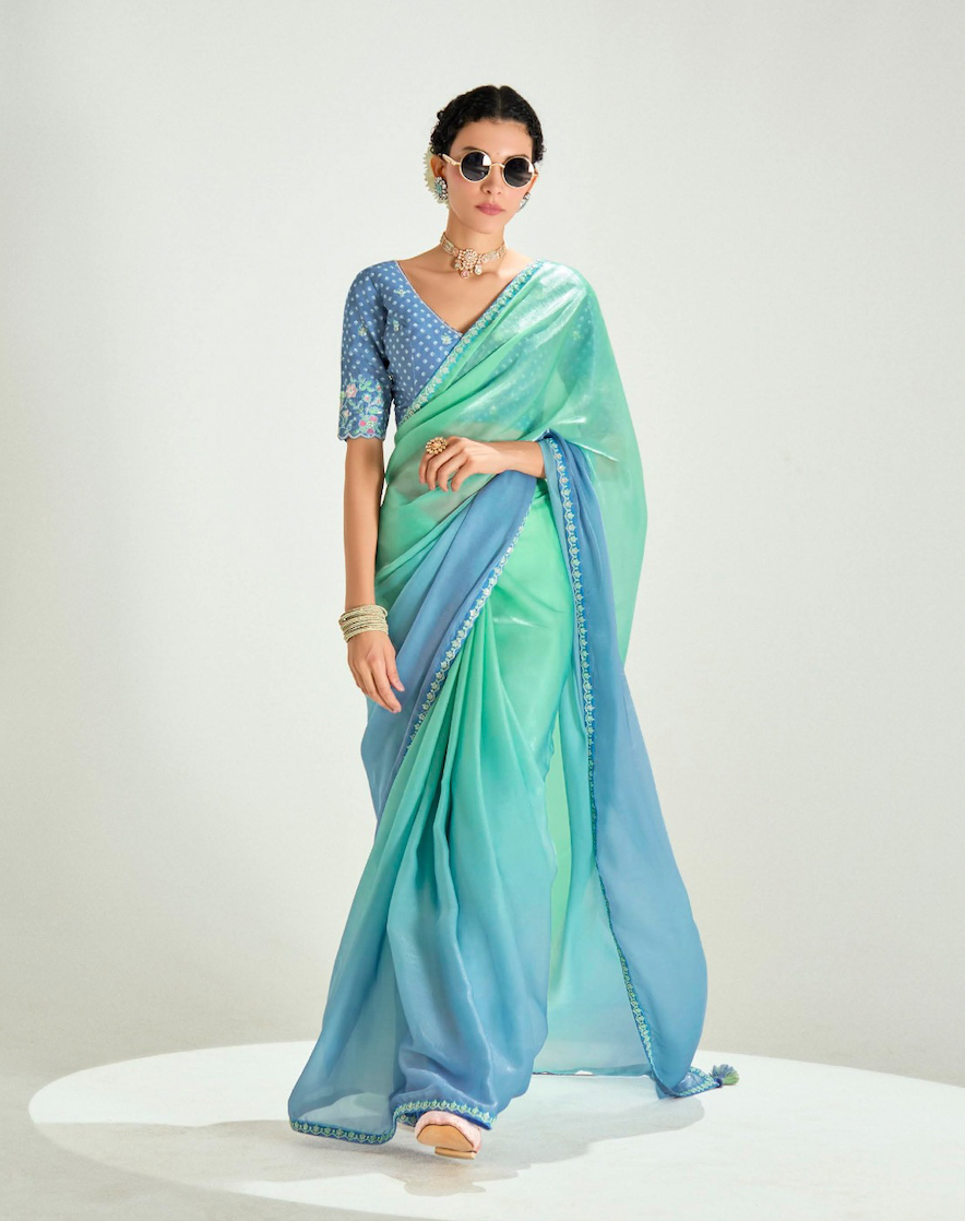 Matrut | Swish Blush Sea green-Blue Saree