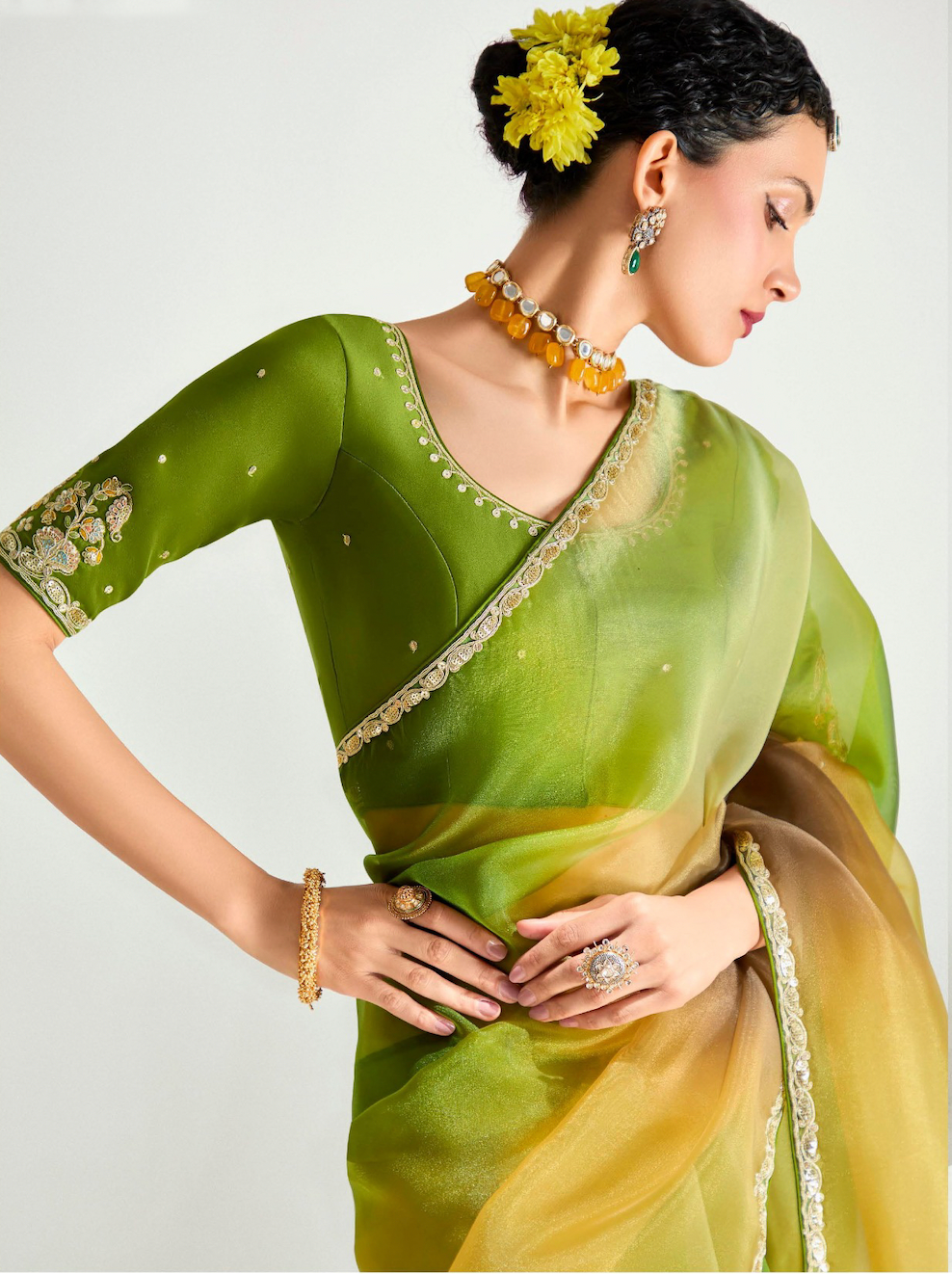 Matrut | Swish Blush Green-Yellow Saree