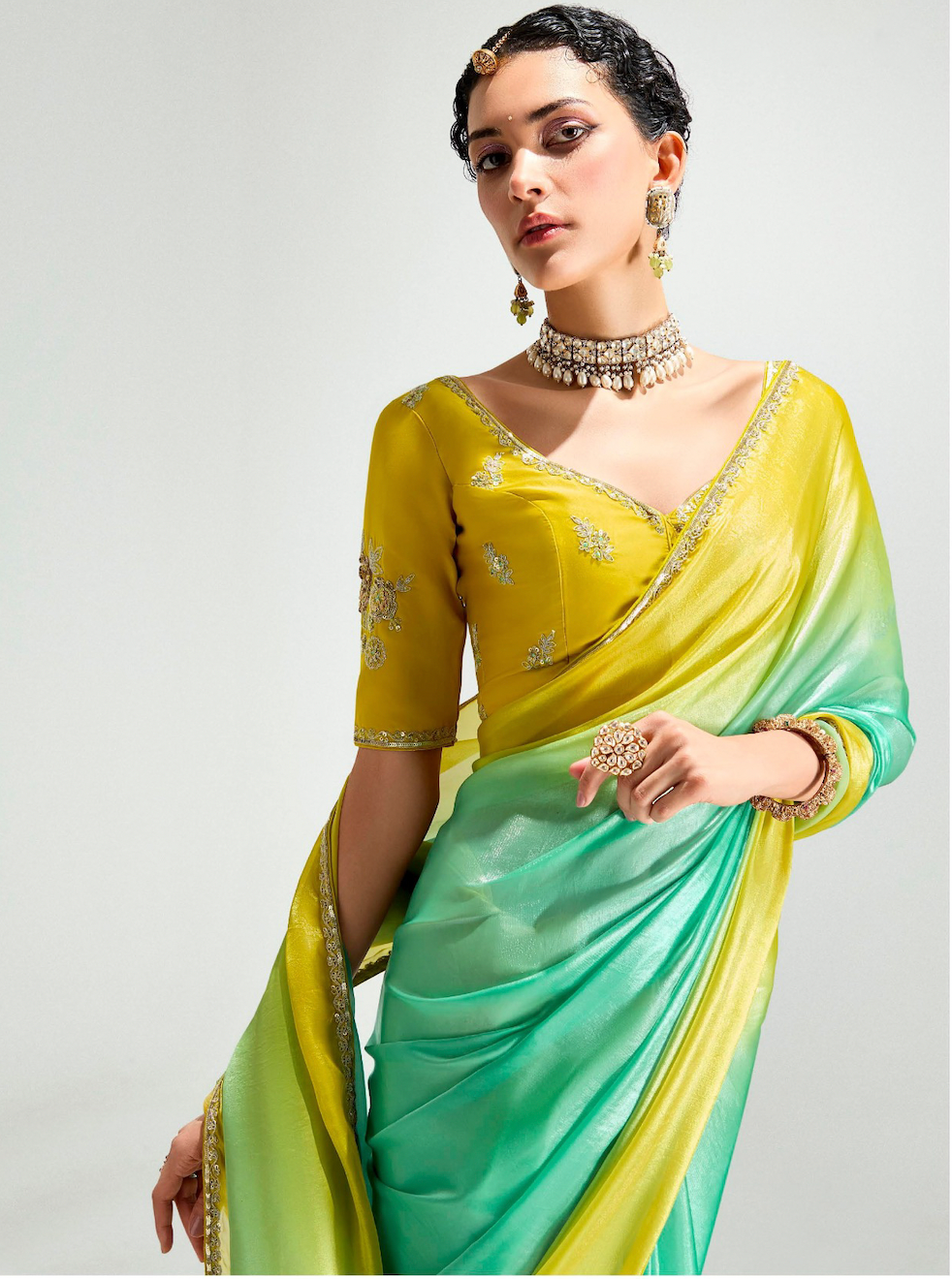 Matrut | Swish Blush Yellow-Green Saree